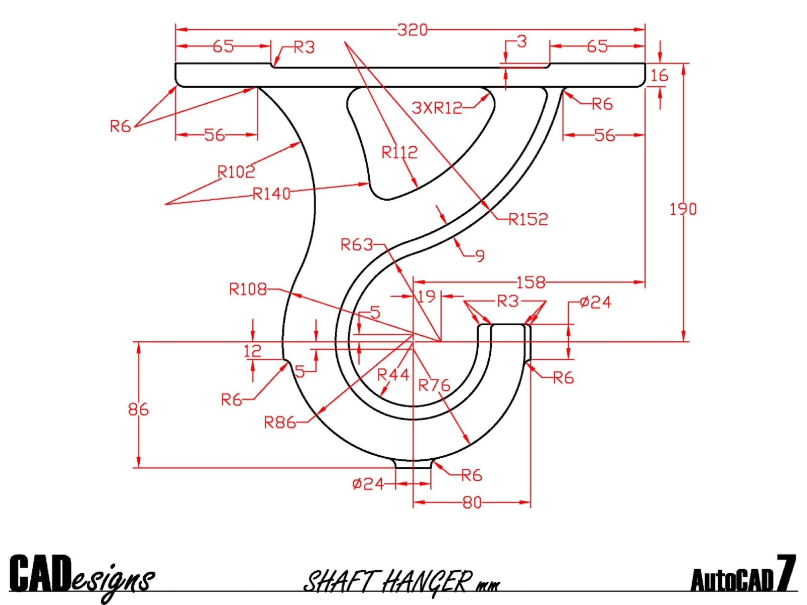Dimensioned drawing of a Shaft Hanger.